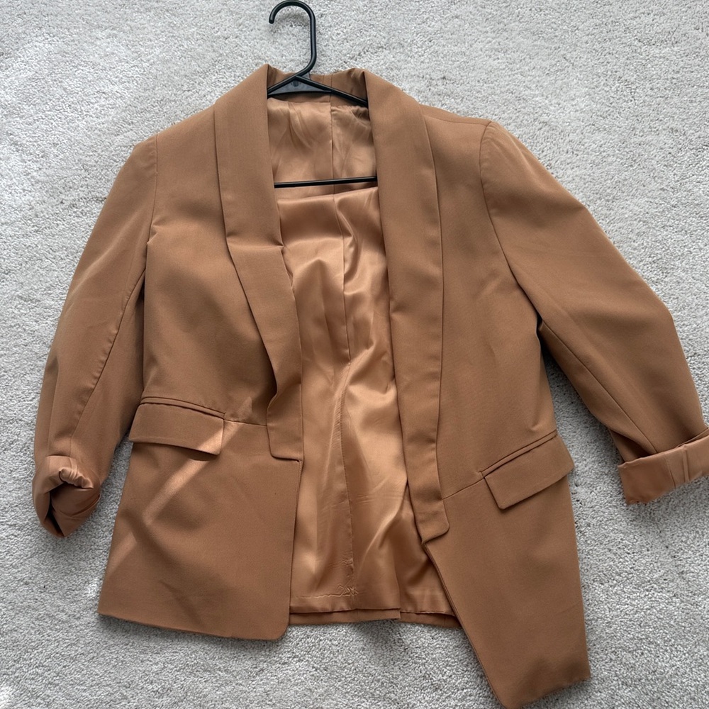 Mango Tan Open-Front Blazer Jacket